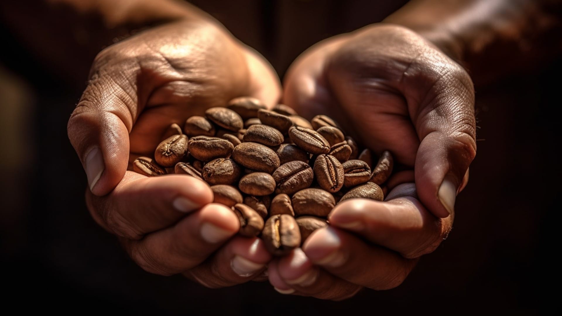 Geröstete Kaffeebohnen in den Händen (generative KI)