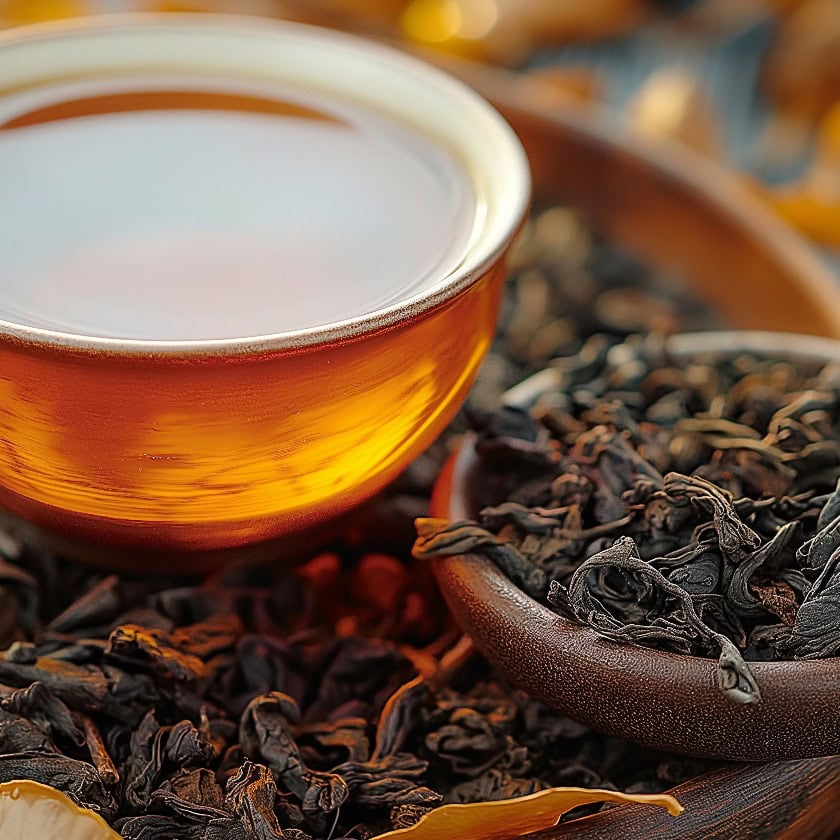 Wunderschönes Stillleben mit getrocknetem chinesischem Pu-Erh-Tee und einer heißen Tasse dieses majestätischen Entgiftungsgetränks, bereit zum Trinken. Es fängt die Essenz der Teezeremonie und der Trinkkultur ein.